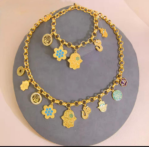 Calligraphic gold plated necklace and bracelet