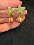 Gold zircon brown pearl earrings