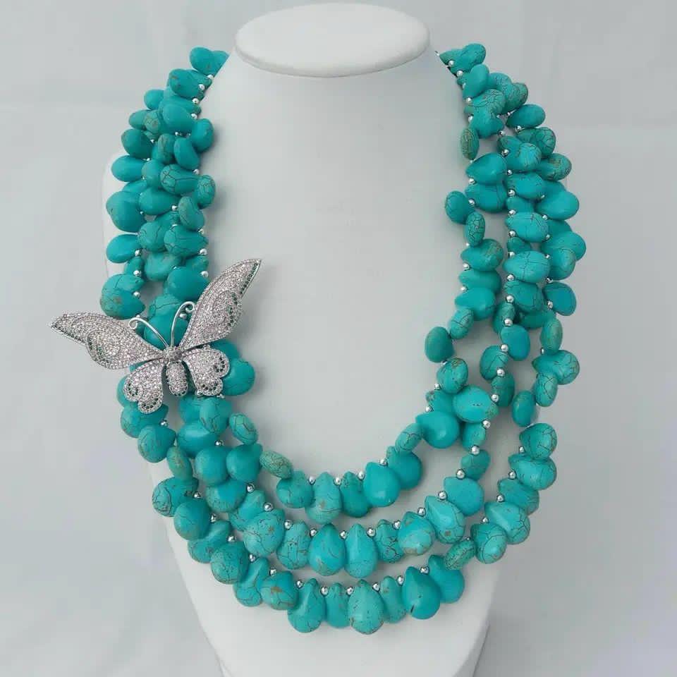 Real three layered turquoise stones necklace