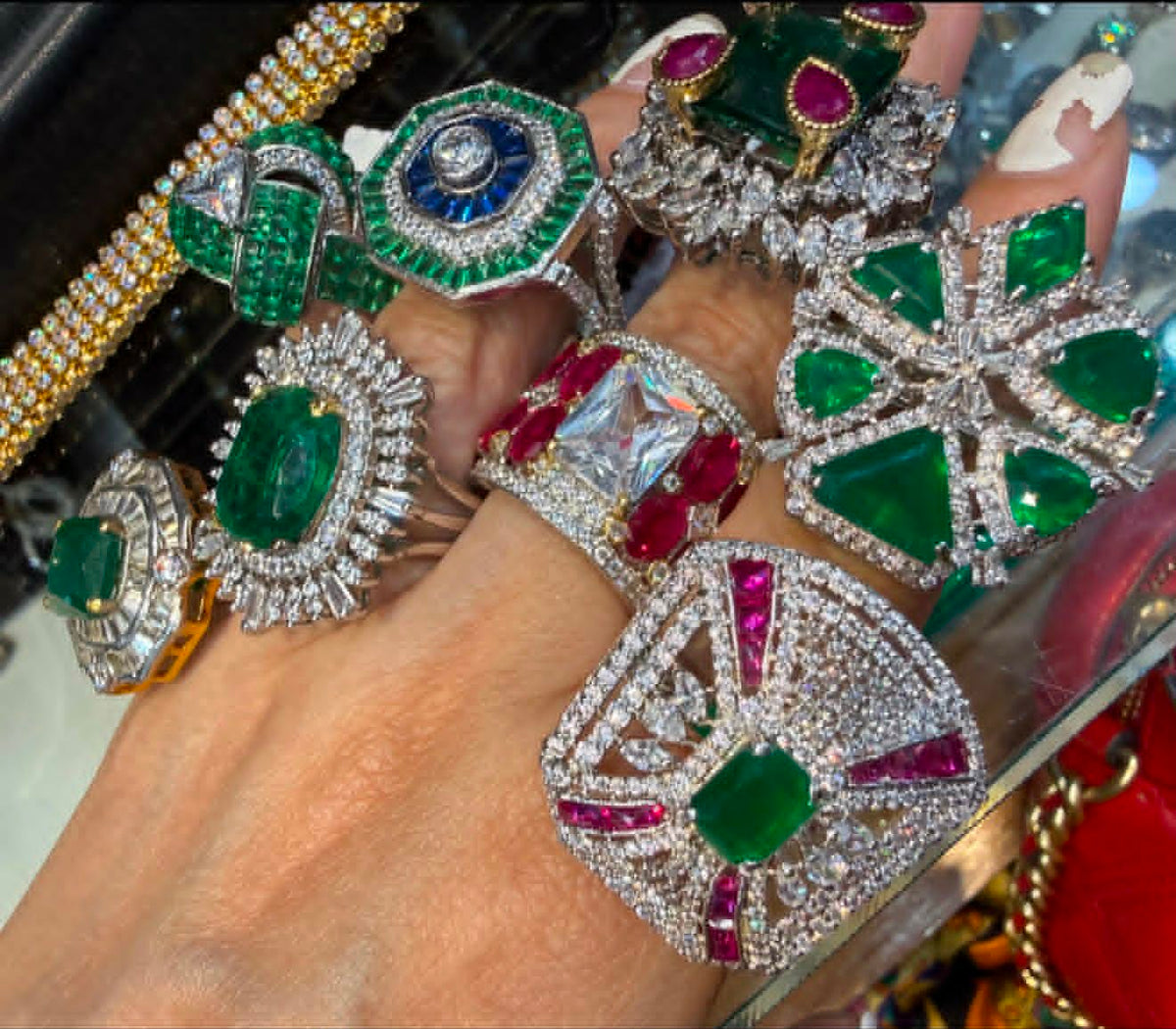 The Queen’ long stringy Victorian earrings, necklace and adjustable ring